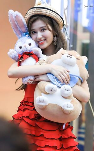 Photo : Sana hugging her plushies